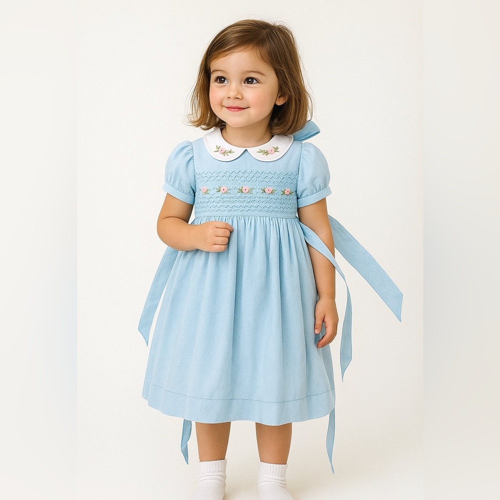 Charming Blue Kids Smocked Dress for Toddler Girls